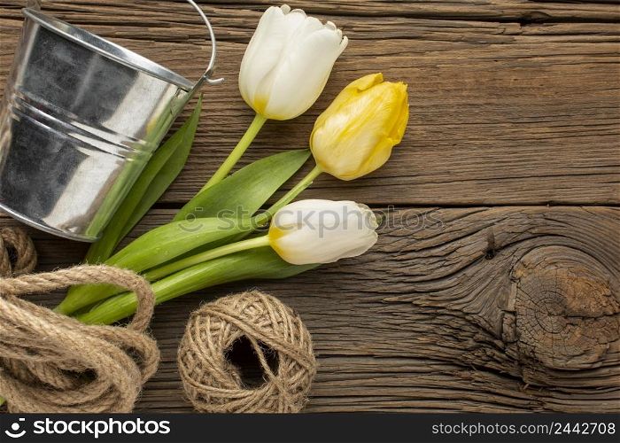 tulips bouquet with rope bucket