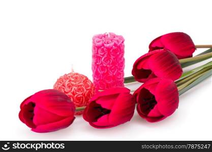 Tulips, candles isolated on white background.