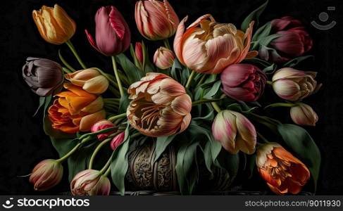 Tulips colorful bouquet on black background. Mother s Day gift. Generative AI