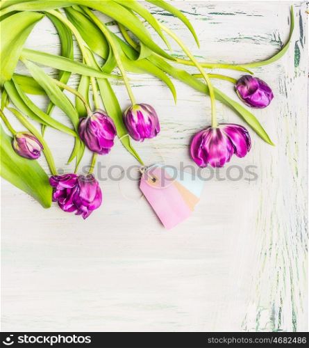 Tulips floral border , spring flowers bunch with tags on light shabby chic background, top view