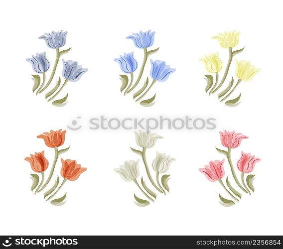 Tulips flowers illustration. Vintage set. Isolated spring vintage tulip. Tulips flowers set