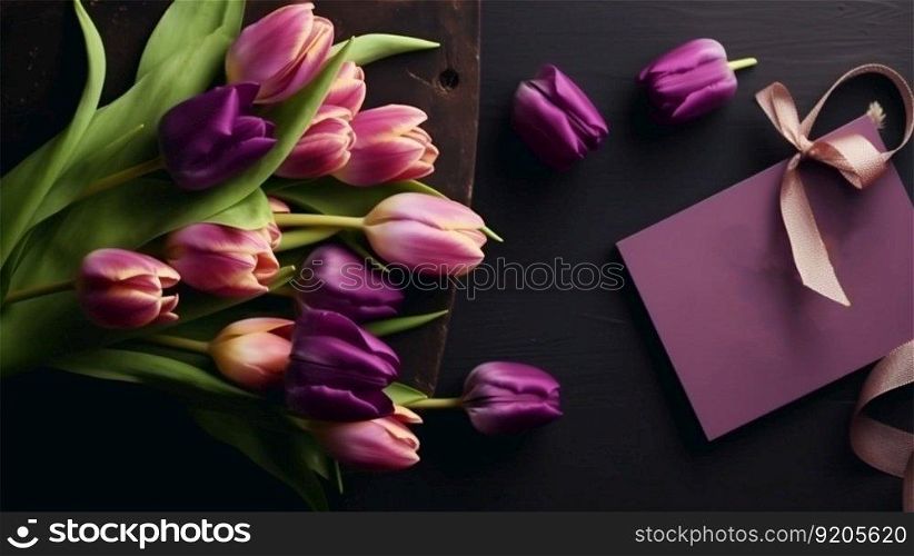 Tulips, gift box and greeting card,AI generated