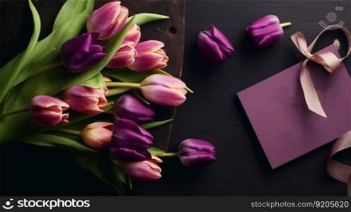 Tulips, gift box and greeting card,AI generated