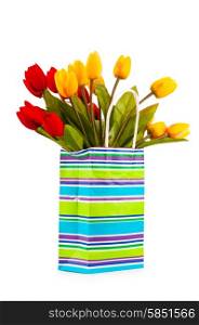 Tulips in the bag isolated on white