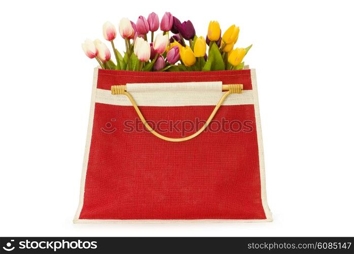 Tulips in the red bag isolated on bag