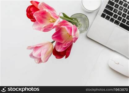 tulips laptop white table. High resolution photo. tulips laptop white table. High quality photo