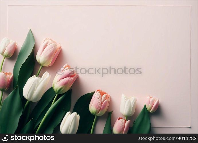 Tulips on pink background, top view, mother’s day card. 8.march, background, generative AI.