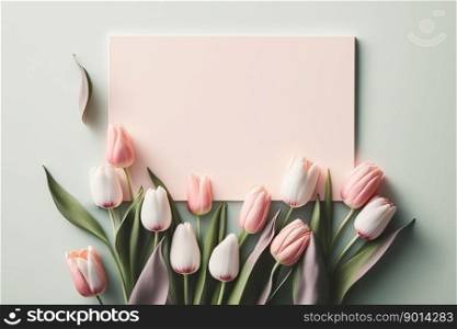 Tulips on pink background, top view, mother’s day card. 8.march, background, generative AI.