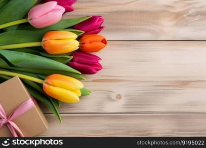 Tulips presents on table. Nature floral card. Generate Ai. Tulips presents on table. Generate Ai