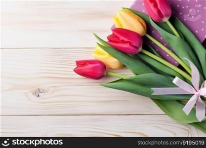 Tulips presents on table spring card. Romantic flower. Generate Ai. Tulips presents on table spring card. Generate Ai