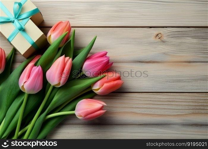 Tulips presents on wood table. Pink flower. Generate Ai. Tulips presents on wood table. Generate Ai