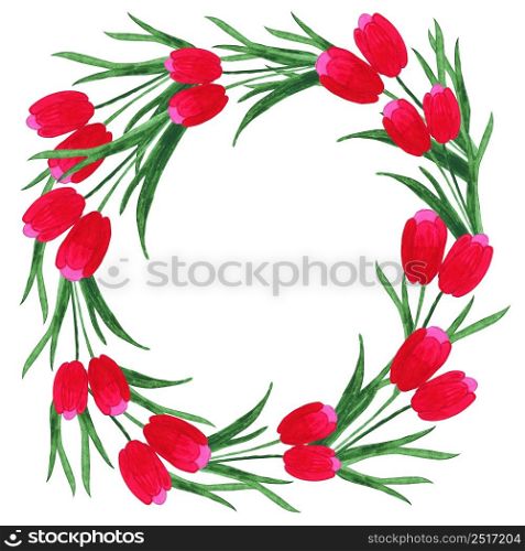Tulips watercolor wreath on white background. Watercolor illustration with copy space. Flower concept for wedding or party invitations.