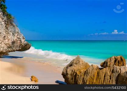 Tulum beach near Cancun turquoise Caribbean water and blue Sky