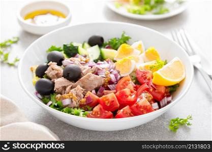 Tuna and fresh vegetable salad of tomato, cucumber, olives, onion, lettuce and boiled egg