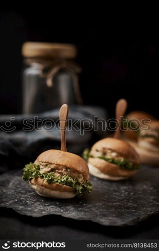 Tuna mini burger on table .Food Concept. . Tuna mini burger on table .