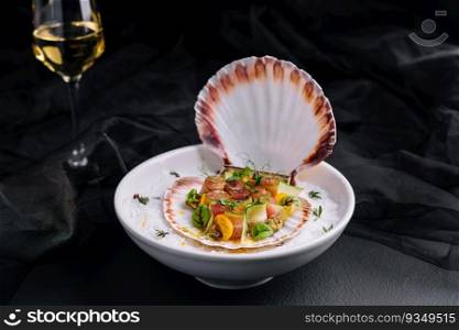 tuna rolled with cucumber served on a scallop shell