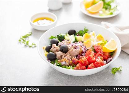 Tuna salad of tomato, cucumber, olives, onion, lettuce and boiled egg