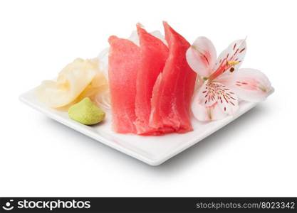 tuna sashimi. tuna sashimi with withe plate isolated on white background
