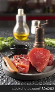 tuna steak with spice, diet food, raw tuna with salt