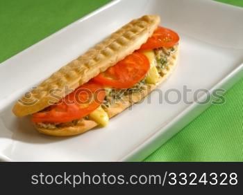 tuna tomato and cheese grilled panini sandwich close up on a plate