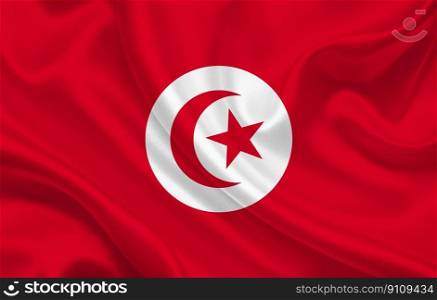 Tunisia country flag on wavy silk fabric background panorama - illustration. Tunisia country flag on wavy silk fabric background panorama