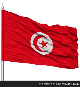 Tunisia Flag on Flagpole , Flying in the Wind, Isolated on White Background