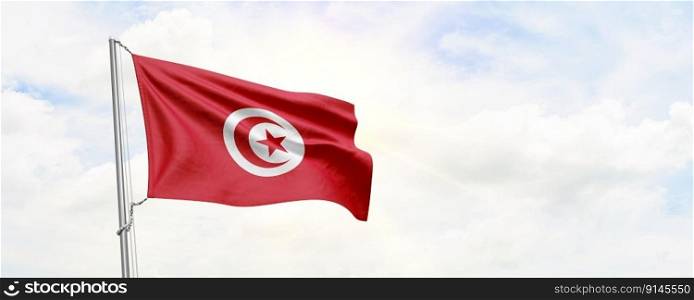 Tunisia flag waving on sky background. 3D Rendering