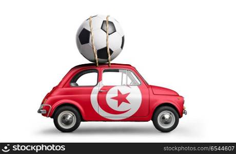 Tunisia football car. Tunisia flag on car delivering soccer or football ball isolated on white background