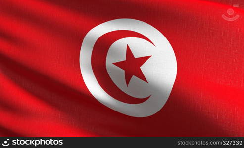 Tunisia national flag blowing in the wind isolated. Official patriotic abstract design. 3D rendering illustration of waving sign symbol.