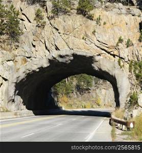Tunnel going through rocks in South Dakota.