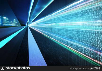 Tunnel road with binary code numbers on motion blurred asphalt road , speed and faster digital matrix technology information concept .