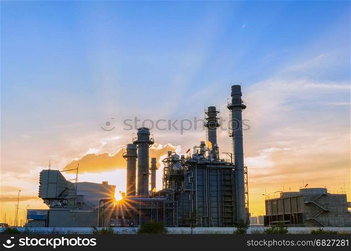 Turbine generator in electric power plant with sunset