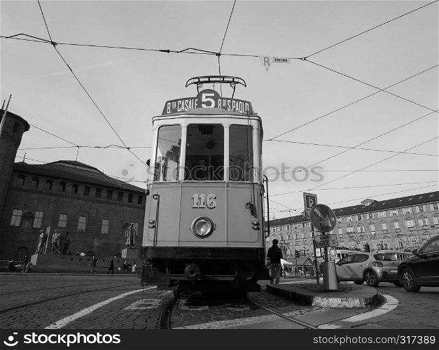 TURIN, ITALY - CIRCA DECEMBER 2018: Vintage 116 tram (built in 1911) at Trolley Festival in black and white. Vintage 116 tram at Turin Trolley Festival in black and white
