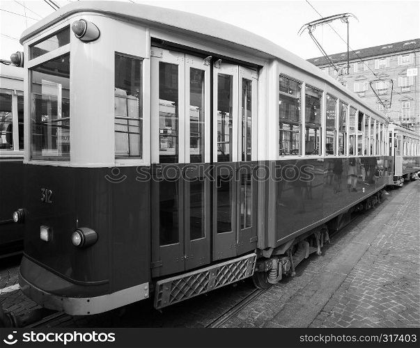 TURIN, ITALY - CIRCA DECEMBER 2018: Vintage 312 tram from Rome Cinecitta at Turin Trolley Festival in black and white. Vintage 312 tram at Turin Trolley Festival in black and white