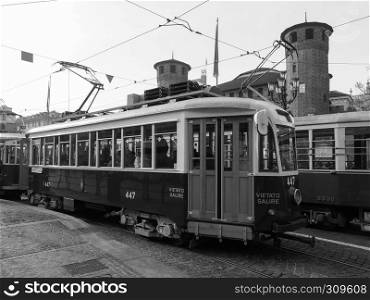 TURIN, ITALY - CIRCA DECEMBER 2018: Vintage 447 tram at Turin Trolley Festival in black and white. Vintage 447 tram at Turin Trolley Festival in black and white