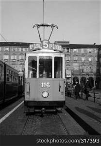 TURIN, ITALY - CIRCA DECEMBER 2018: Vintage 502 tram at Trolley Festival in black and white. Vintage 502 tram at Trolley Festival in Turin in black and white