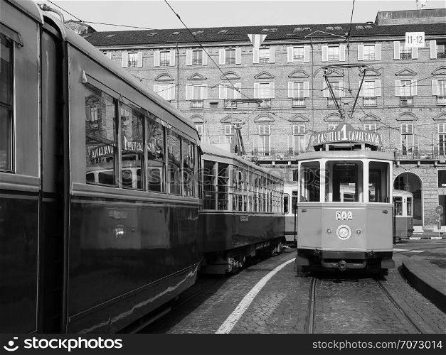 TURIN, ITALY - CIRCA DECEMBER 2018: Vintage 502 tram at Trolley Festival in black and white. Vintage 502 tram at Trolley Festival in Turin in black and white