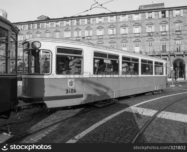 TURIN, ITALY - CIRCA DECEMBER 2018: Vintage German 3404 tram trailer at Turin Trolley Festival in black and white. Vintage German 3404 tram at Turin Trolley Festival in black and white