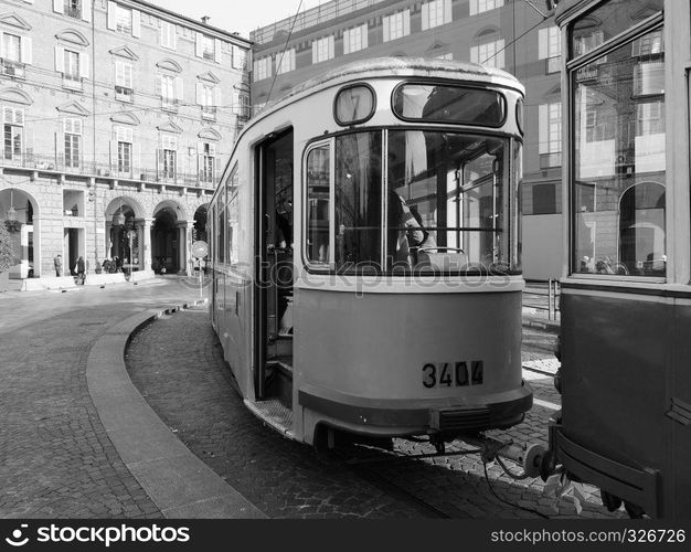 TURIN, ITALY - CIRCA DECEMBER 2018: Vintage German 3404 tram trailer at Turin Trolley Festival in black and white. Vintage German 3404 tram at Turin Trolley Festival in black and white