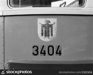 TURIN, ITALY - CIRCA DECEMBER 2018: Vintage German 3404 tram trailer at Turin Trolley Festival in black and white. Vintage German 3404 tram at Turin Trolley Festival in black and white