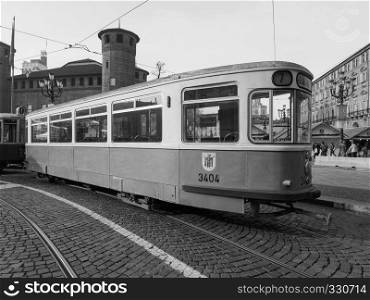 TURIN, ITALY - CIRCA DECEMBER 2018: Vintage German 3404 tram trailer at Turin Trolley Festival in black and white. Vintage German 3404 tram at Turin Trolley Festival in black and white