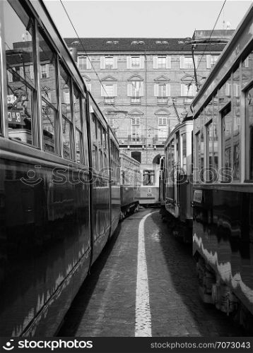TURIN, ITALY - CIRCA DECEMBER 2018: Vintage trams at Turin Trolley Festival in black and white. Vintage tram at Turin Trolley Festival in black and white