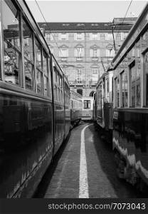 TURIN, ITALY - CIRCA DECEMBER 2018: Vintage trams at Turin Trolley Festival in black and white. Vintage tram at Turin Trolley Festival in black and white