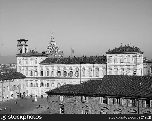 TURIN, ITALY - CIRCA FEBRUARY 2019: Aerial view of the city in black and white. Aerial view of Turin in black and white