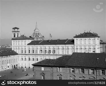 TURIN, ITALY - CIRCA FEBRUARY 2019: Aerial view of the city in black and white. Aerial view of Turin in black and white