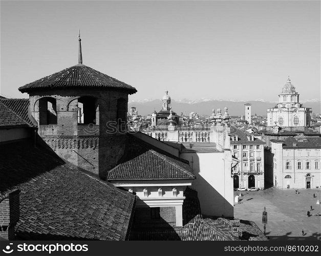 TURIN, ITALY - CIRCA FEBRUARY 2019  Aerial view of the city in black and white. Aerial view of Turin in black and white