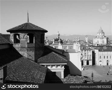 TURIN, ITALY - CIRCA FEBRUARY 2019  Aerial view of the city in black and white. Aerial view of Turin in black and white