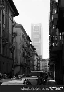 TURIN, ITALY - CIRCA FEBRUARY 2019: Intesa San Paolo headquarters skyscraper designed by Renzo Piano in black and white. Intesa San Paolo skyscraper in Turin in black and white