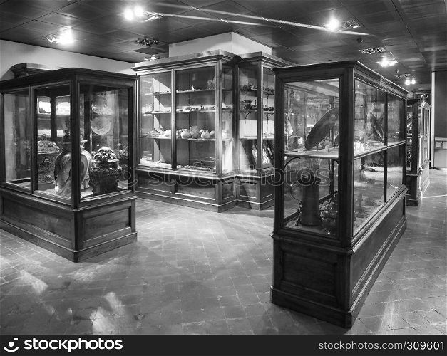TURIN, ITALY - CIRCA FEBRUARY 2019: Museo Civico d'Arte Antica (Civic Museum of Ancient Art) at Palazzo Madama Royal palace in Piazza Castello in black and white. Museum of Ancient Art at Palazzo Madama in Turin in black and white