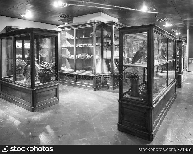 TURIN, ITALY - CIRCA FEBRUARY 2019: Museo Civico d'Arte Antica (Civic Museum of Ancient Art) at Palazzo Madama Royal palace in Piazza Castello in black and white. Museum of Ancient Art at Palazzo Madama in Turin in black and white